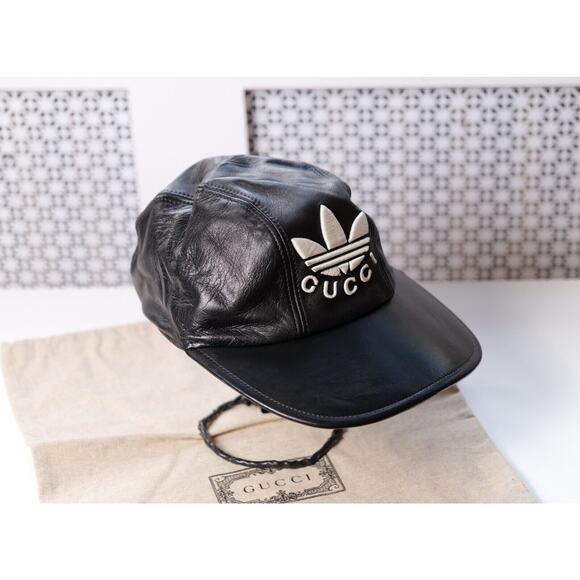 GUCCI X ADIDAS Black Calfskin Trefoil Stefanos Baseball Hat (Size S) RRP $870 - Picture 3 of 7